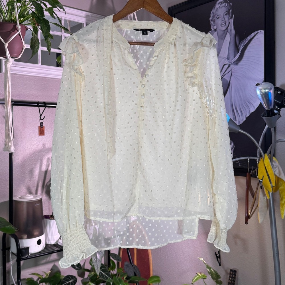 Zac & Rachel Womens Ivory Textured Dot Ruffle Long Sleeve Button Up Blouse XL
